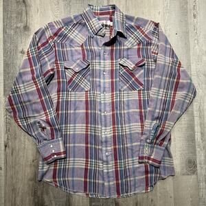 VTG Ranch And Town Purple Plaid Pearl Snap Western Cowboy Shirt Men's Sz Large